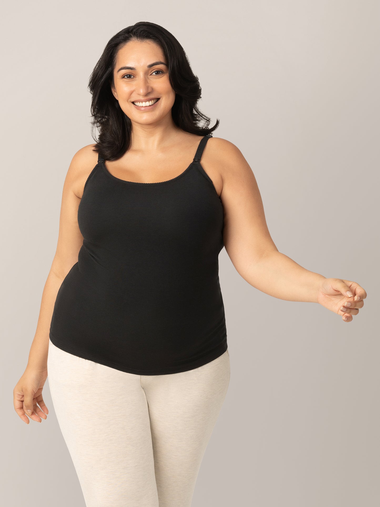 Front view of model wearing the Picot Trim Nursing Camisole in Black.