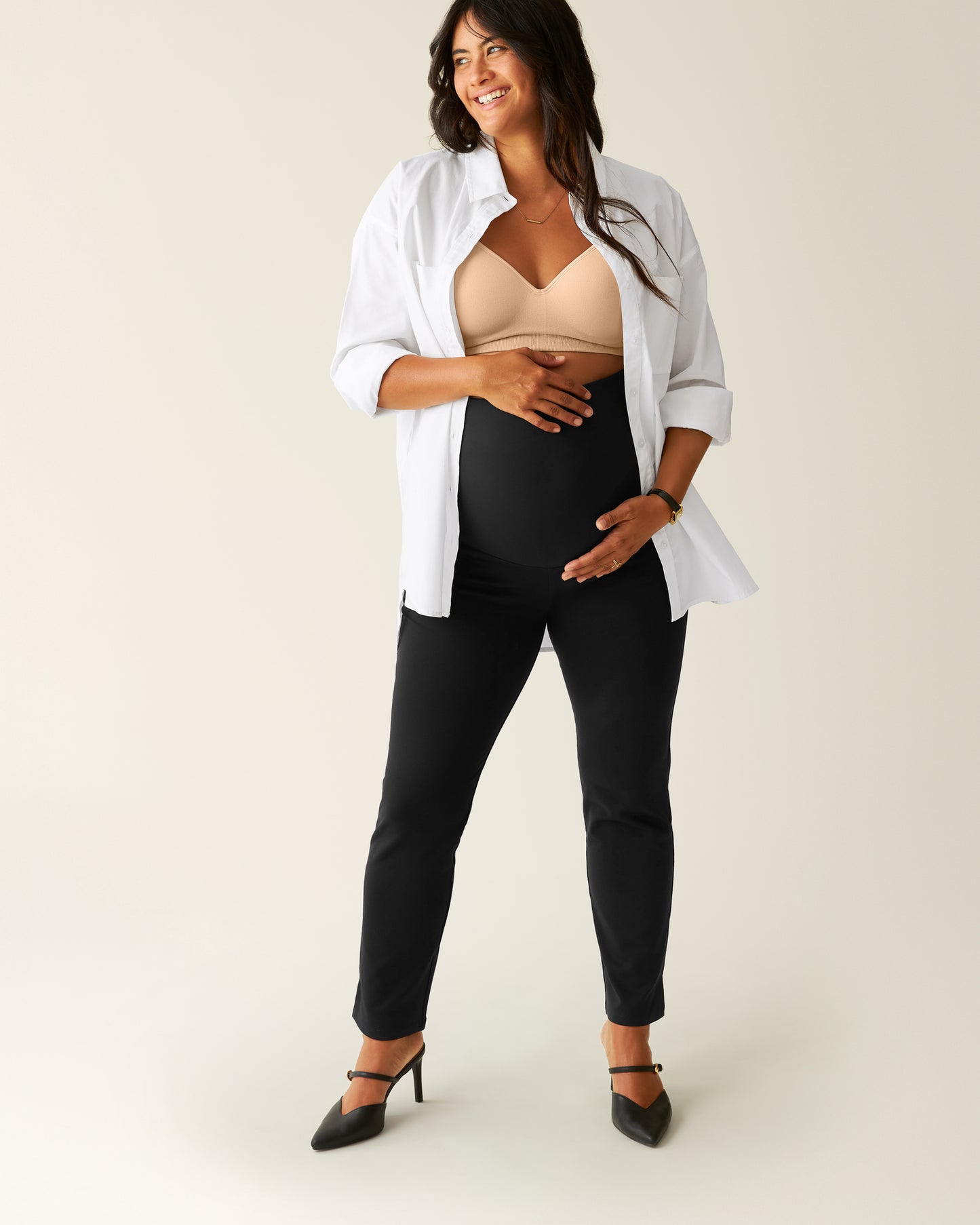 Pregnant model wearing Maternity Ponte Straight Leg Pant in Black with White Poplin Button Down Top @model_info:Zoe is 5'7" and wearing a Medium.
