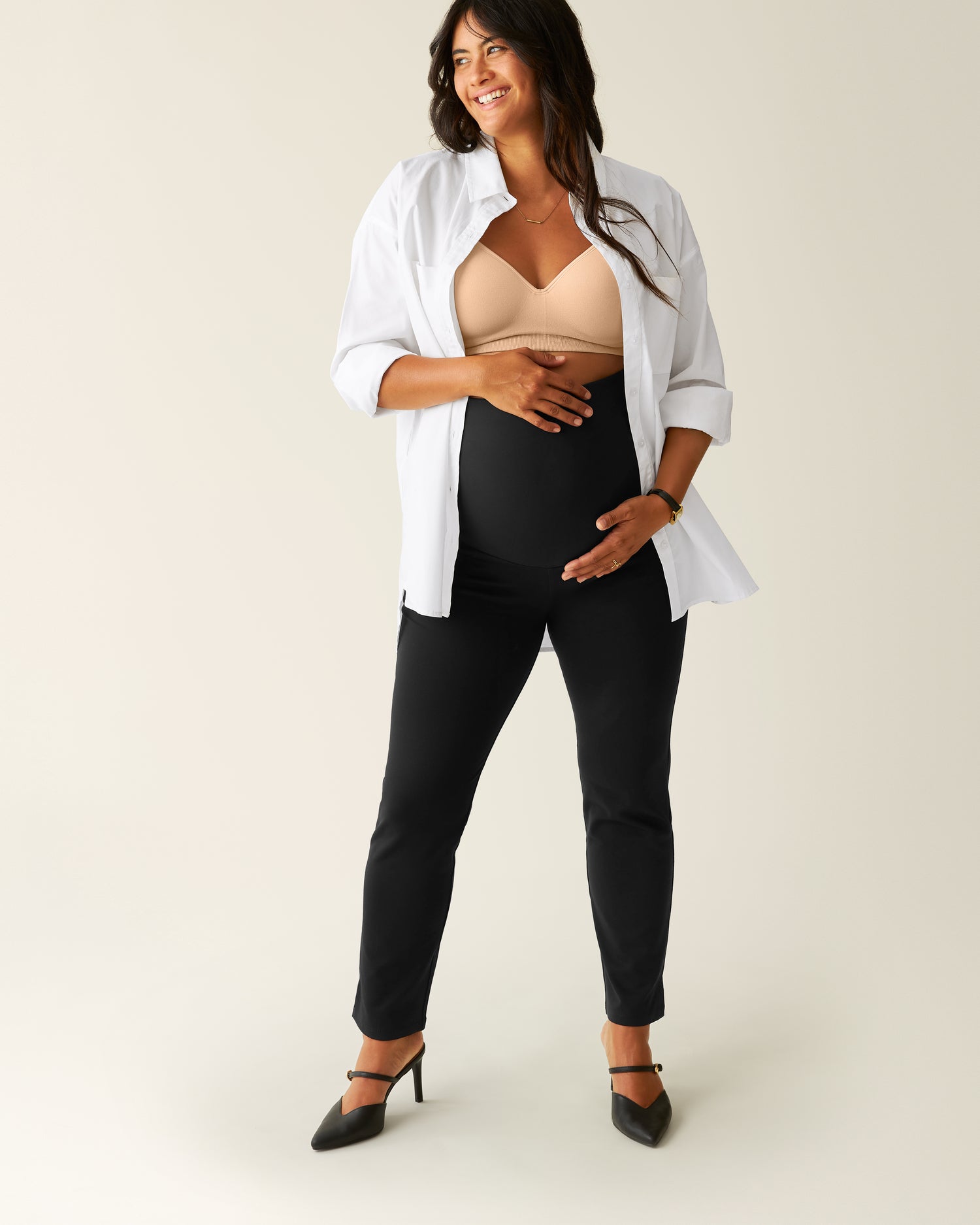 Pregnant model wearing Maternity Ponte Straight Leg Pant in Black with White Poplin Button Down Top @model_info:Zoe is 5'7" and wearing a Medium.