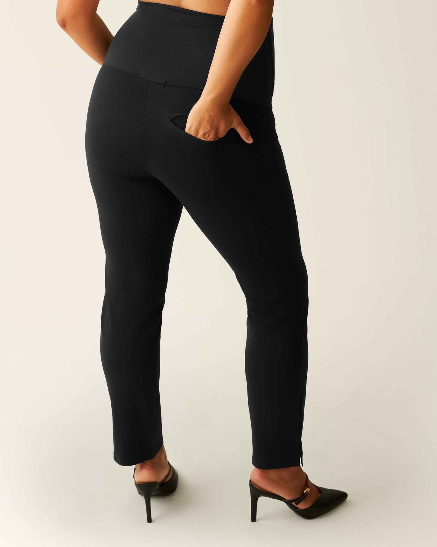 Back view of Pregnant model wearing Maternity Ponte Straight Leg Pant in Black