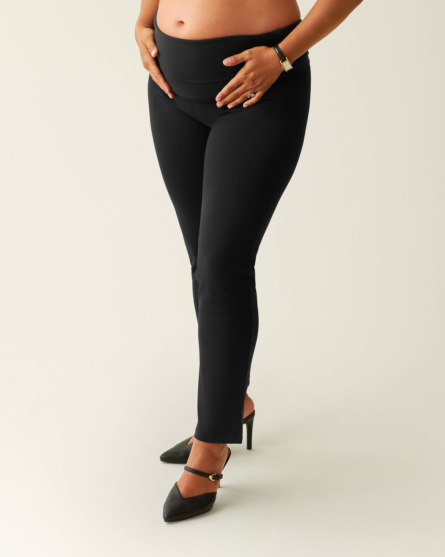 Pregnant model wearing Maternity Ponte Straight Leg Pant in Black @model_info:Zoe is 5'7" and wearing a Medium.