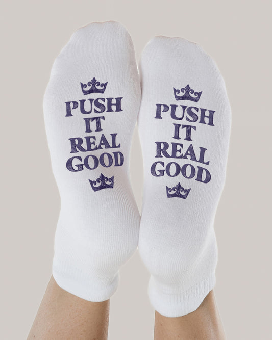 Push It Real Good Labor & Delivery Socks shown on model