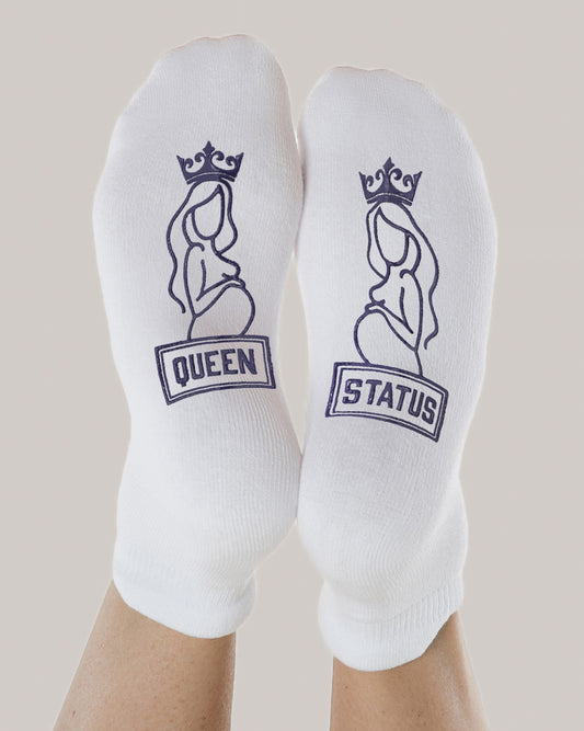 Queen Status Labor & Delivery Socks on model's feet