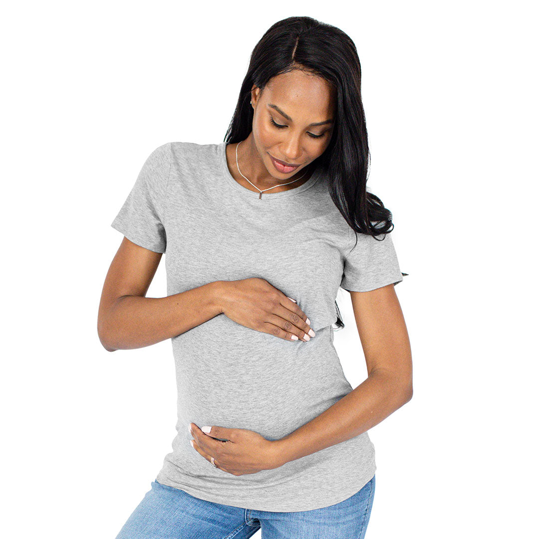 Ribbed Bamboo Maternity Crew Neck T-shirt | Grey Heather-Tops-Kindred Bravely