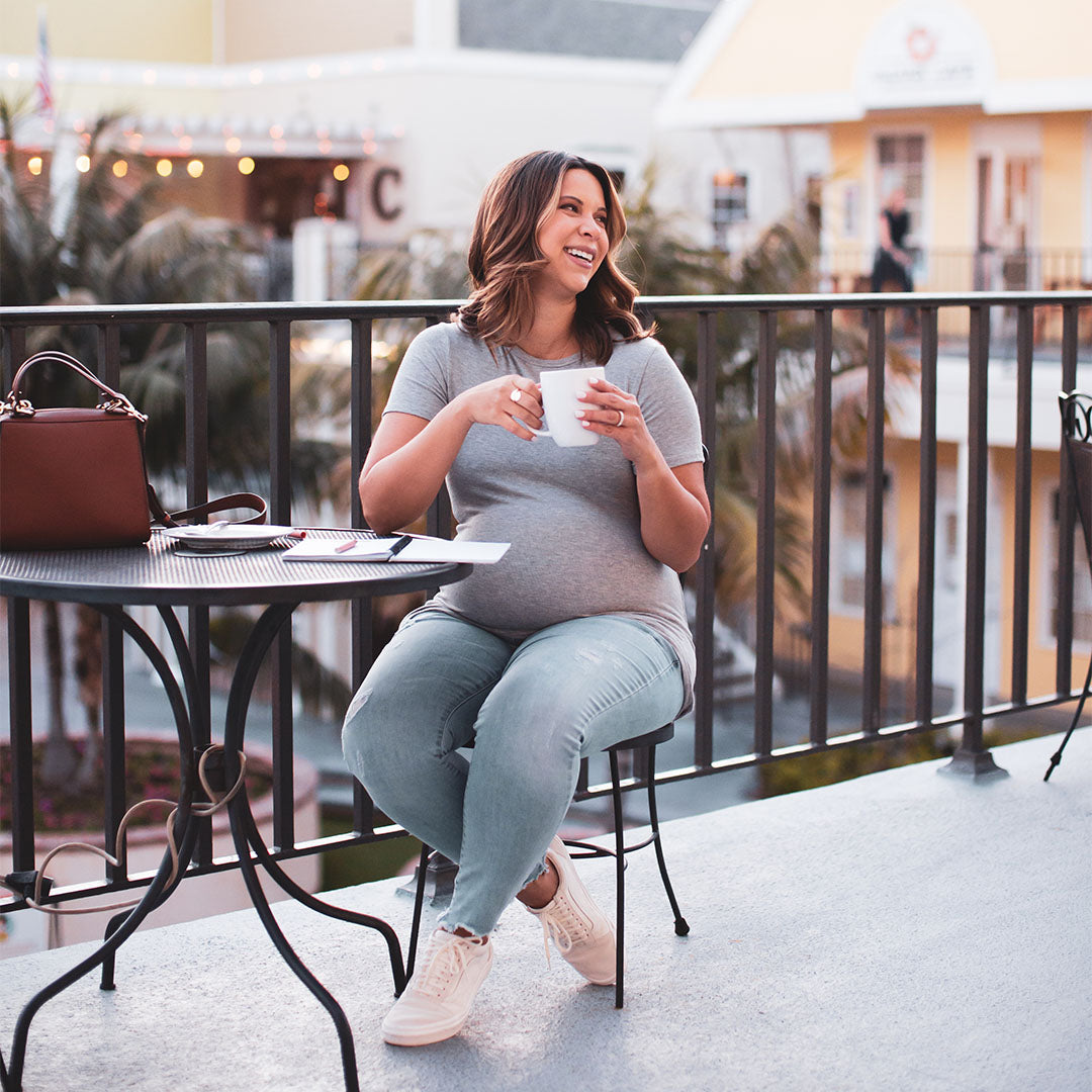 Ribbed Bamboo Maternity Crew Neck T-shirt | Grey Heather-Tops-Kindred Bravely