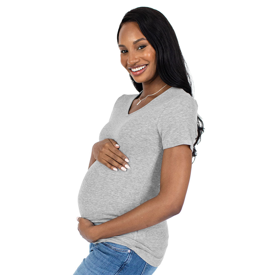 Ribbed Bamboo Maternity V-neck T-shirt | Grey Heather-Tops-Kindred Bravely