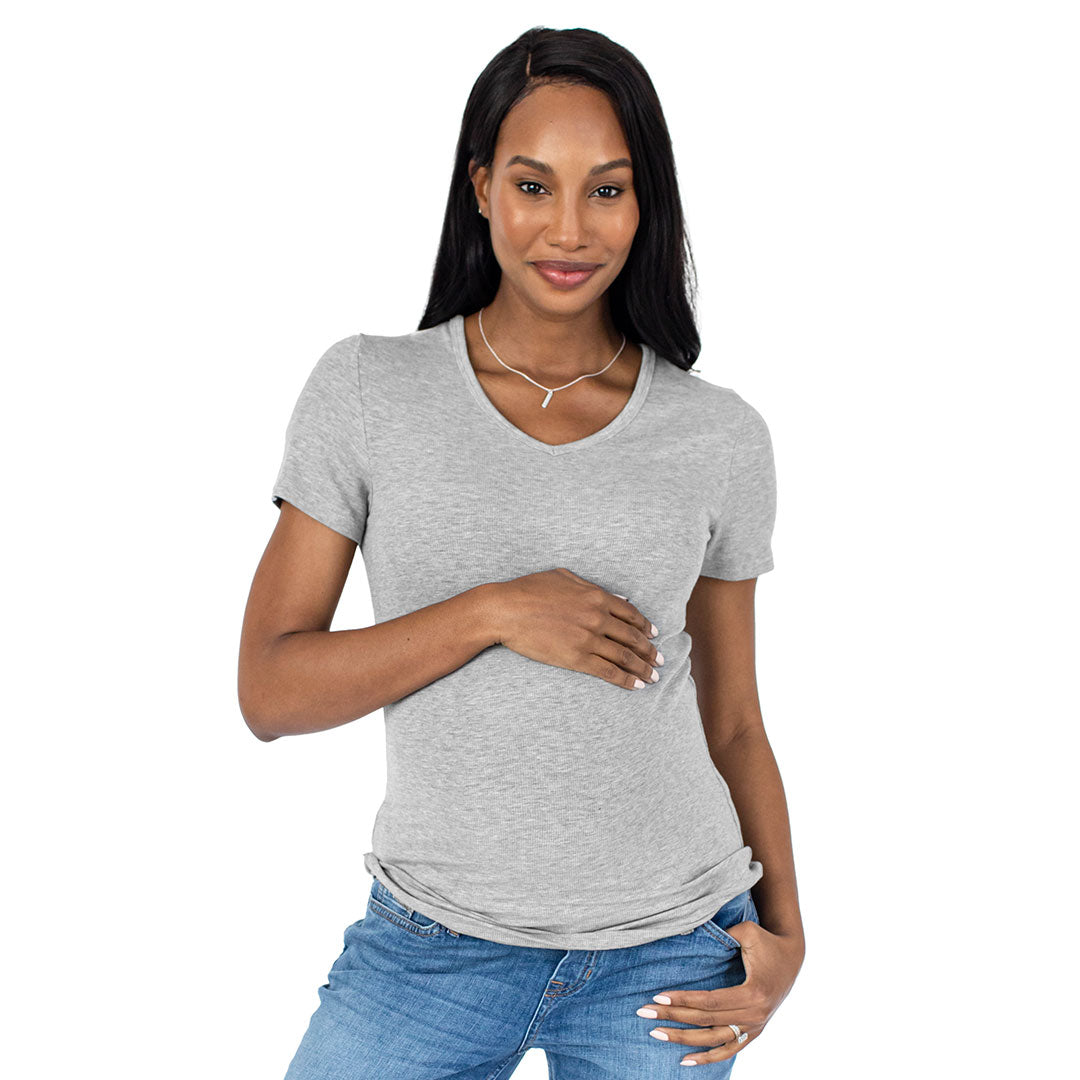 Ribbed Bamboo Maternity V-neck T-shirt | Grey Heather-Tops-Kindred Bravely