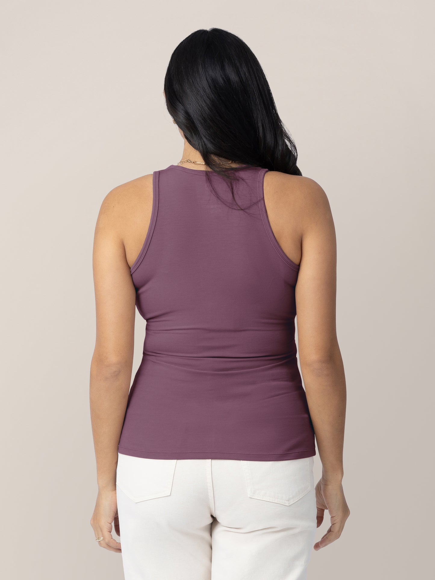 Back view of model wearing the Ribbed Bamboo Racerback Nursing Tank in burgundy plum