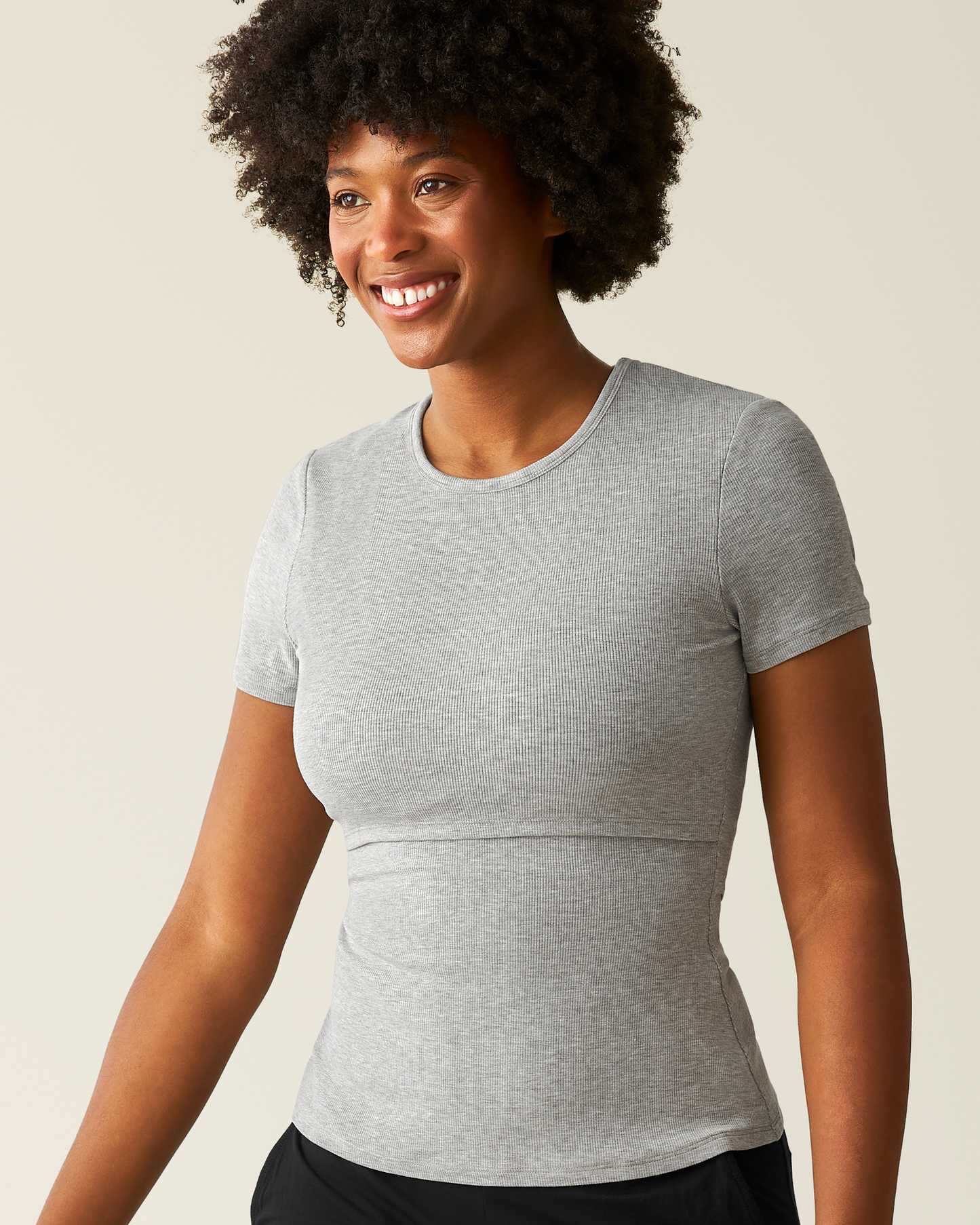 Front view of model wearing Ribbed Bamboo Crew Neck Nursing T-shirt in Grey Heather@model_info:Kyra is wearing a Small.