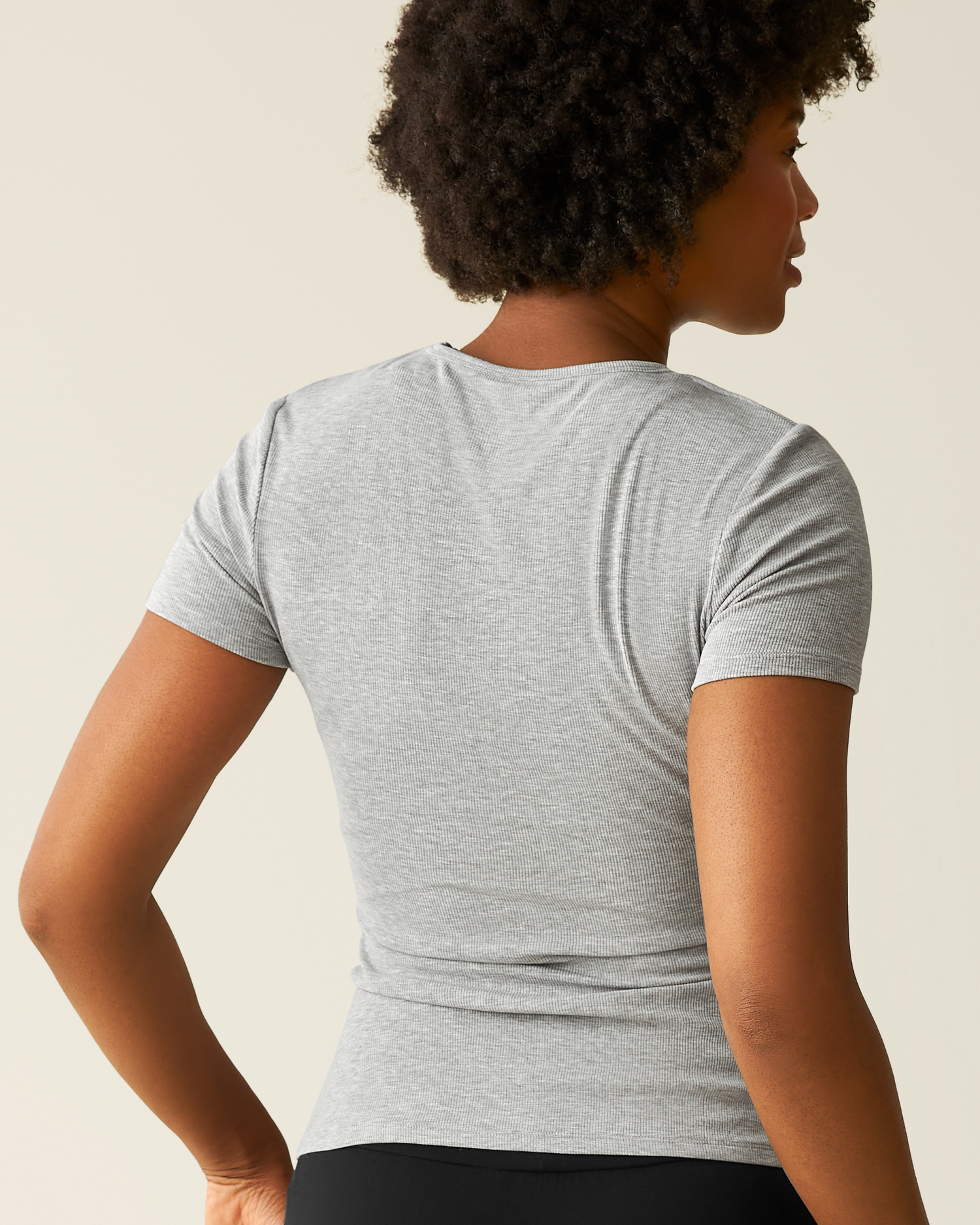 Back view of model wearing Ribbed Bamboo Crew Neck Nursing T-shirt in Grey Heather