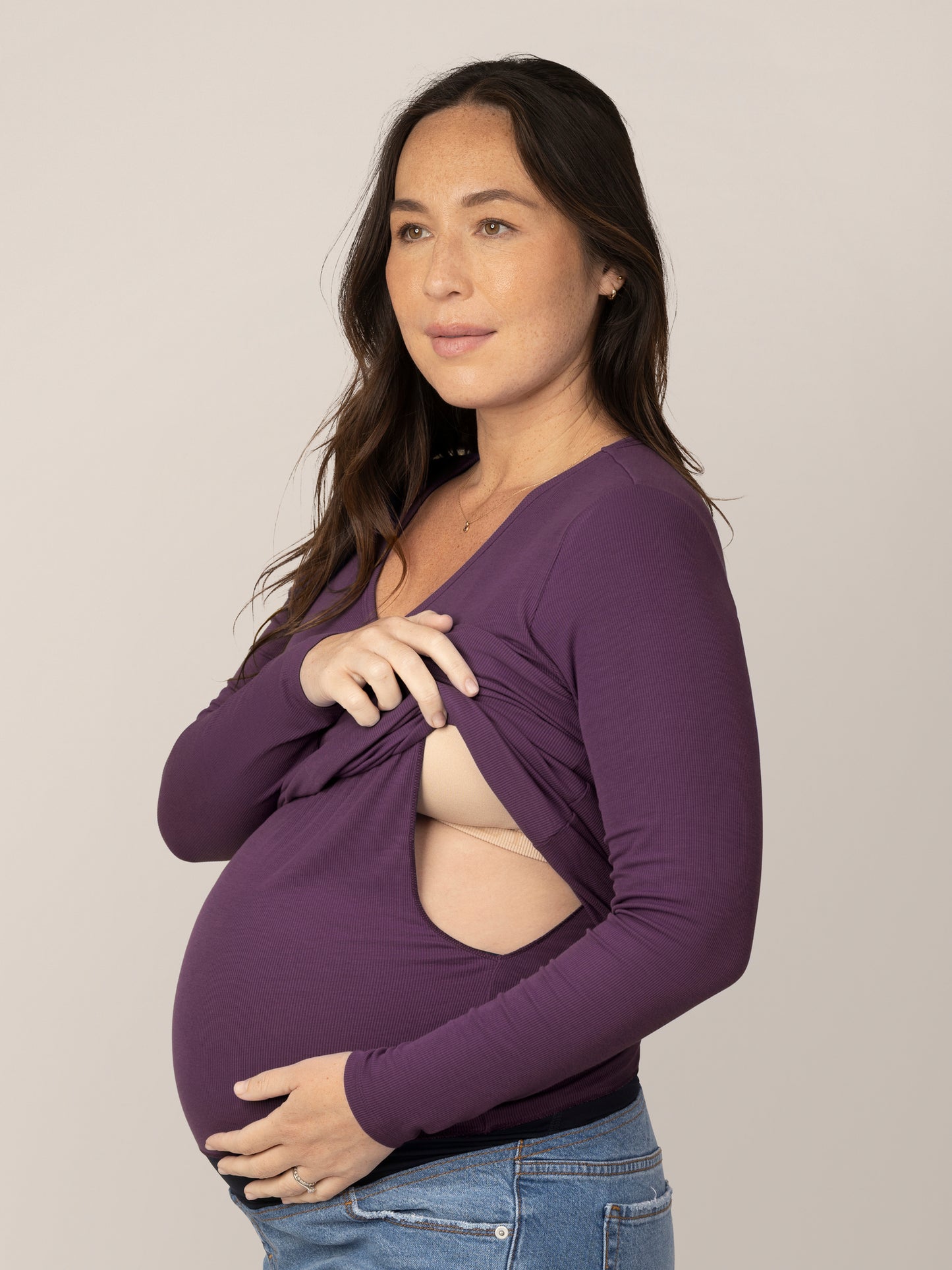 Side view of model wearing the Ribbed Bamboo Maternity & Nursing Long Sleeve T-shirt in Mulberry, showing nursing access @model_info:Susanna is wearing a Small.