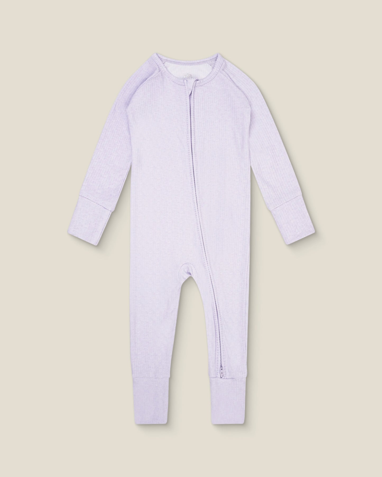 Lavender ribbed bamboo baby onesie with a zipper on a light background