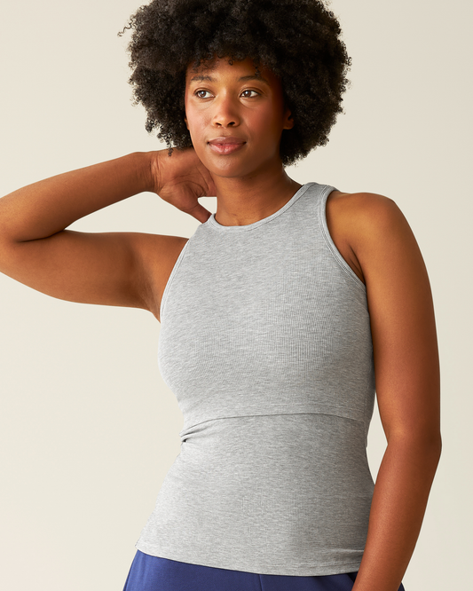 Woman wearing the Ribbed Bamboo Racerback Nursing Tank in Grey Heather@model_info:Kyra is wearing a Small.