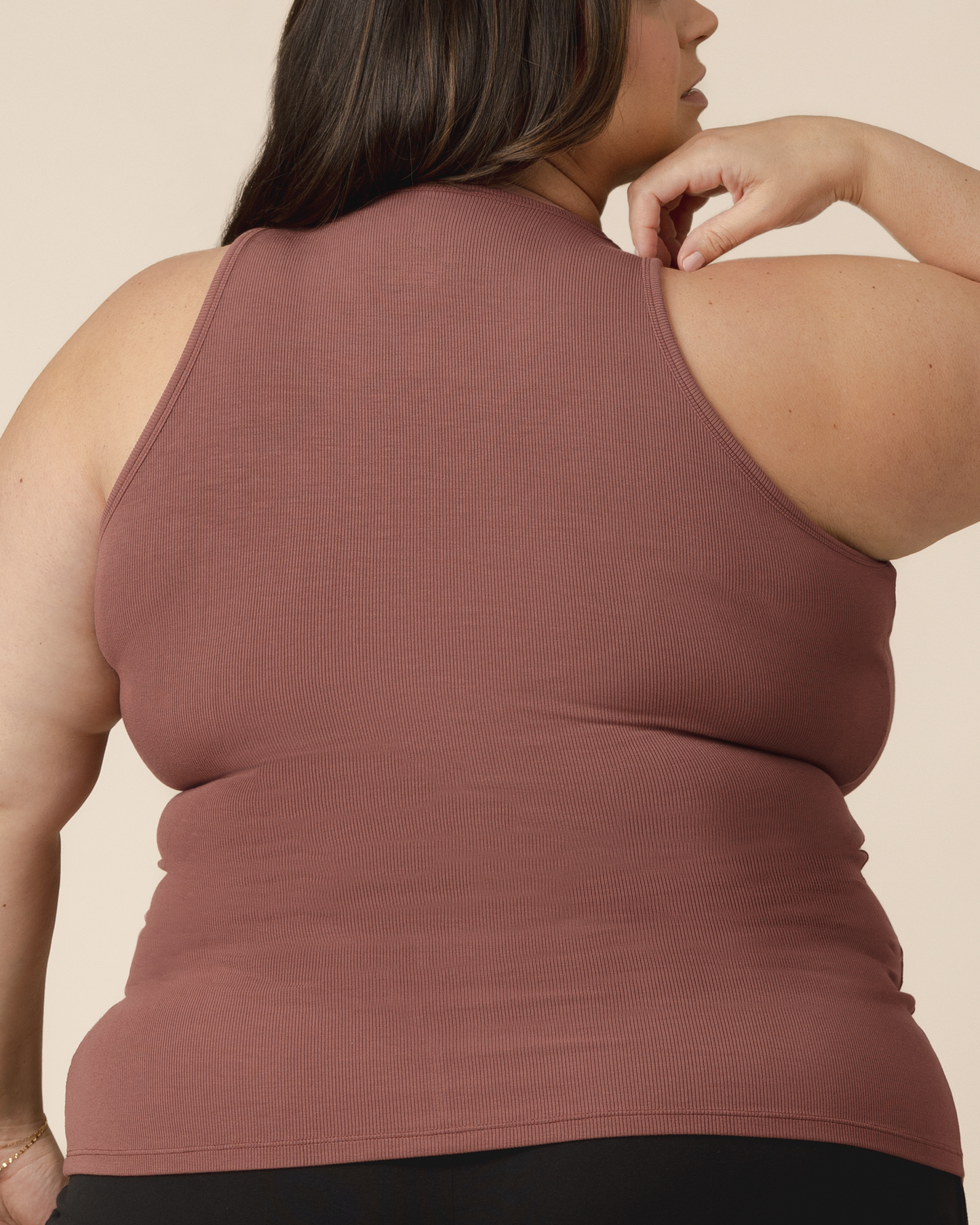 Back Front view of model wearing the Bamboo Racerback Nursing Tank in Redwood