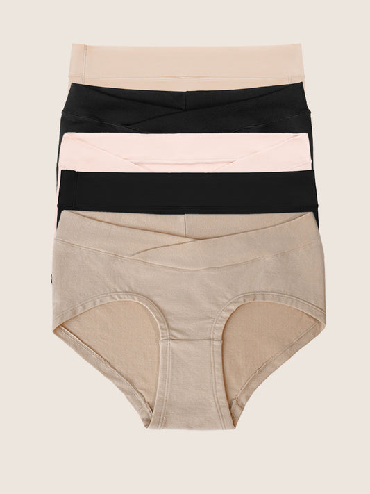A collection of five hipster style underwears in assorted colors beige, black, soft pink, black, and beige.