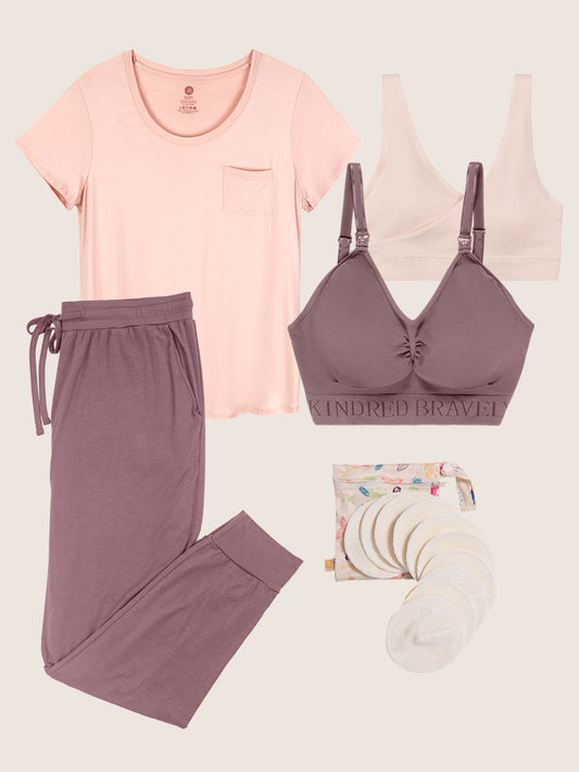 The Nursing Essentials Bundle, including the Simply Sublime® Nursing Bra in twilight, the Sublime® Adjustable Crossover Nursing & Lounge Bra in stone, the Everyday Nursing & Maternity T-shirt in dusty pink, the Everyday Lounge Jogger in twilight, and the Organic Bamboo Reusable Nursing Pads