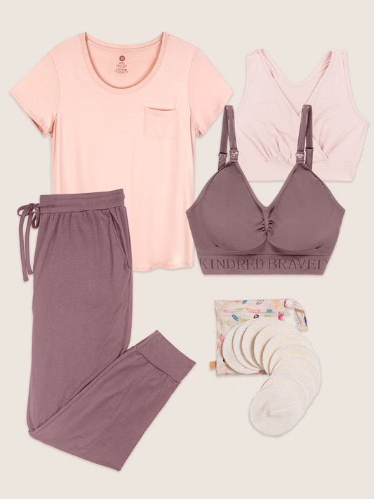 Flat lay image of the Simply Sublime Tank, Everyday Joggers, Everyday Maternity & Nursing T-shirt, French Terry Bra and Organic Bamboo Nursing Pads.
