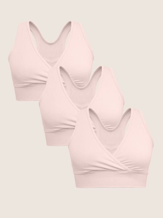 A Wash Wear Spare® French Terry Nursing Bra Pack in soft pink. Image shows three French Terry Nursing Bras in Soft Pink against a beige background