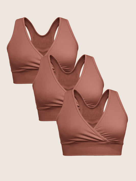 A Wash Wear Spare® French Terry Nursing Bra Pack in Redwood, showing three French Terry Nursing Bras in Redwood against a beige background