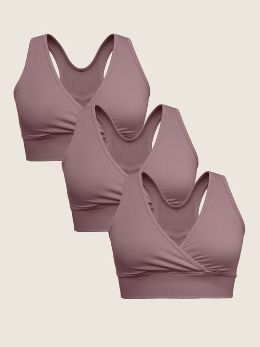 A Wash Wear Spare® French Terry Nursing Bra Pack in Twilight, showing three French Terry Nursing Bras in Twilight against a beige background