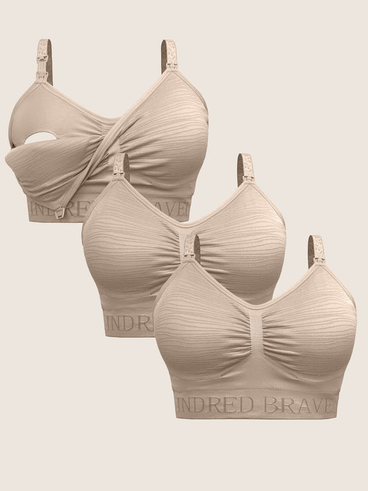 A Wash Wear Spare® Pumping Bra Pack in Beige, showing three  Sublime® Hands-Free Pumping & Nursing Bra in beige against a beige background