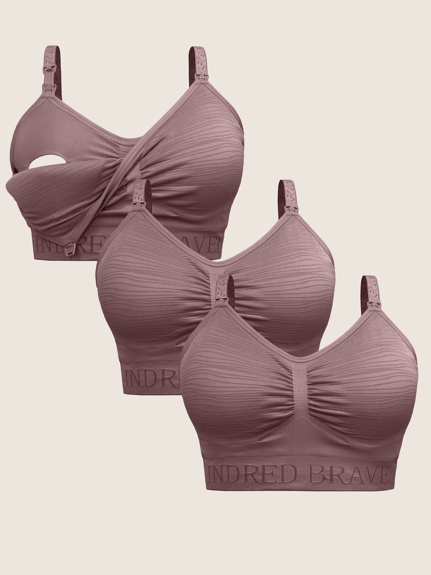 A Wash Wear Spare® Pumping Bra Pack in Twilight showing three Sublime® Hands-Free Pumping & Nursing Bras in twilight against a beige background