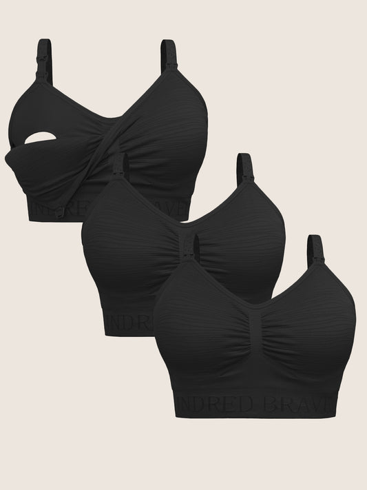 A Wash Wear Spare® Pumping Bra Pack in Black showing three Sublime® Hands-Free Pumping & Nursing Bra in black against a beige background