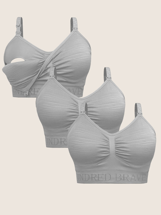 A Wash Wear Spare® Pumping Bra Pack in Grey showing three Sublime® Hands-Free Pumping & Nursing Bras in grey against a beige background