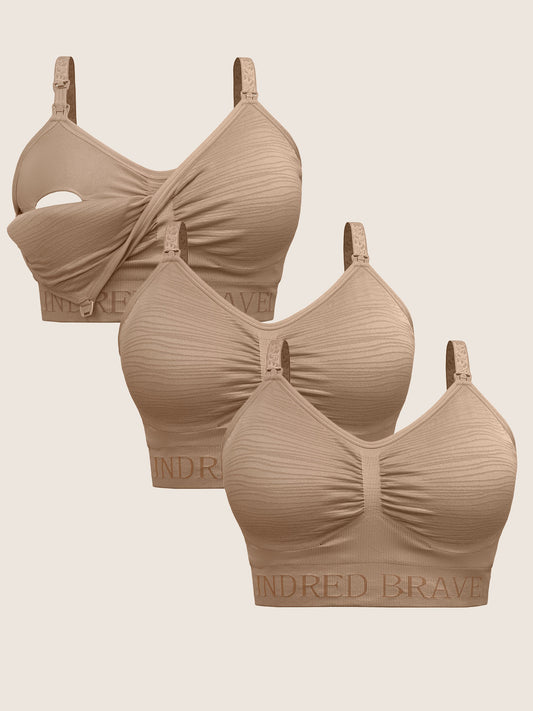 A Wash Wear Spare® Pumping Bra Pack in Latte showing three Sublime® Hands-Free Pumping & Nursing Bra in latte against a beige background