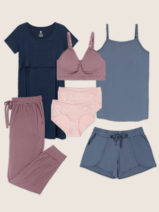 Products included in the All-Your-Favorites Nursing Bundle - Eleanora Dress, Everyday Lounge Jogger, Bamboo Short, Bamboo Lounge Around Nursing Tank, Sublime Nursing Bra Bamboo Hipster