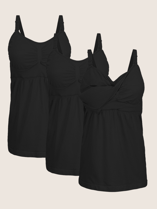 A Wash Wear Spare® Pumping Tank Pack in Black showing three  Sublime® Hands-Free Pumping & Nursing Tank in black against a beige background