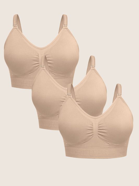 A Wash Wear Spare® Nursing Bra in Beige, showing three Simply Sublime® Nursing Brain Beige against a beige background