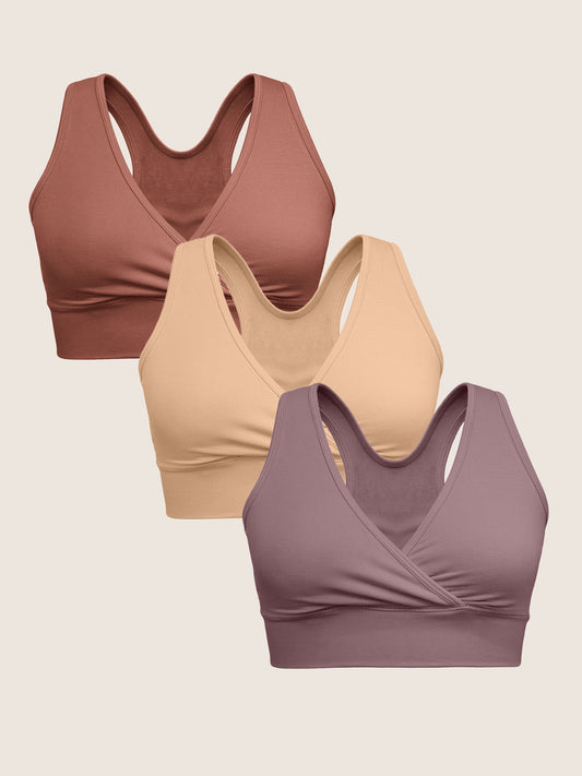Product images of the French Terry Racerback Nursing Bra, shown in Redwood, Beige and Twilight.