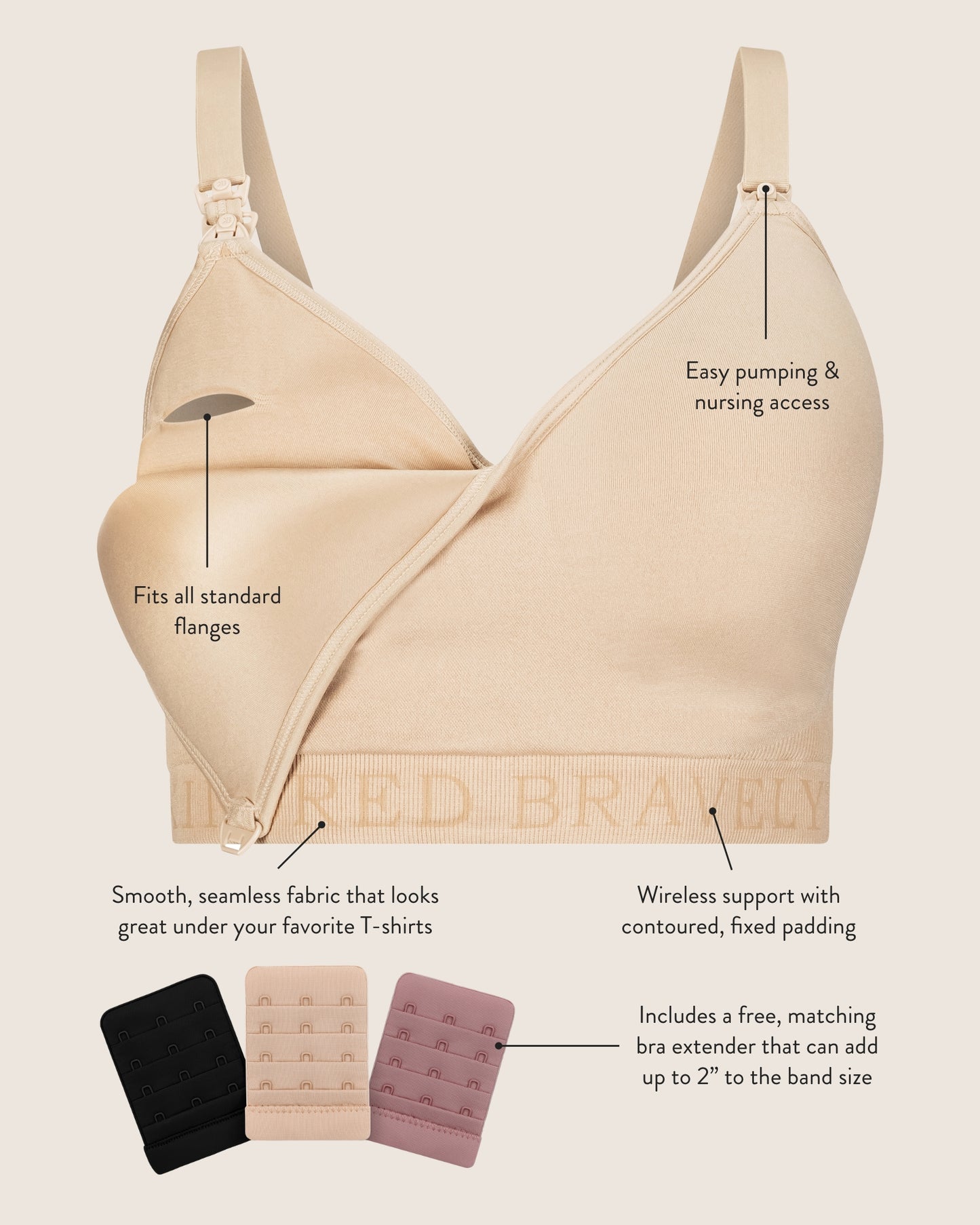 Infographic image of the Sublime Contour Hands-Free Pumping & Nursing Bra showing the benefits of the bra. Benefits include the fits all standard flanges, easy pumping & nursing access, and smooth, seamless fabric that looks great under your favorite t-shirts.