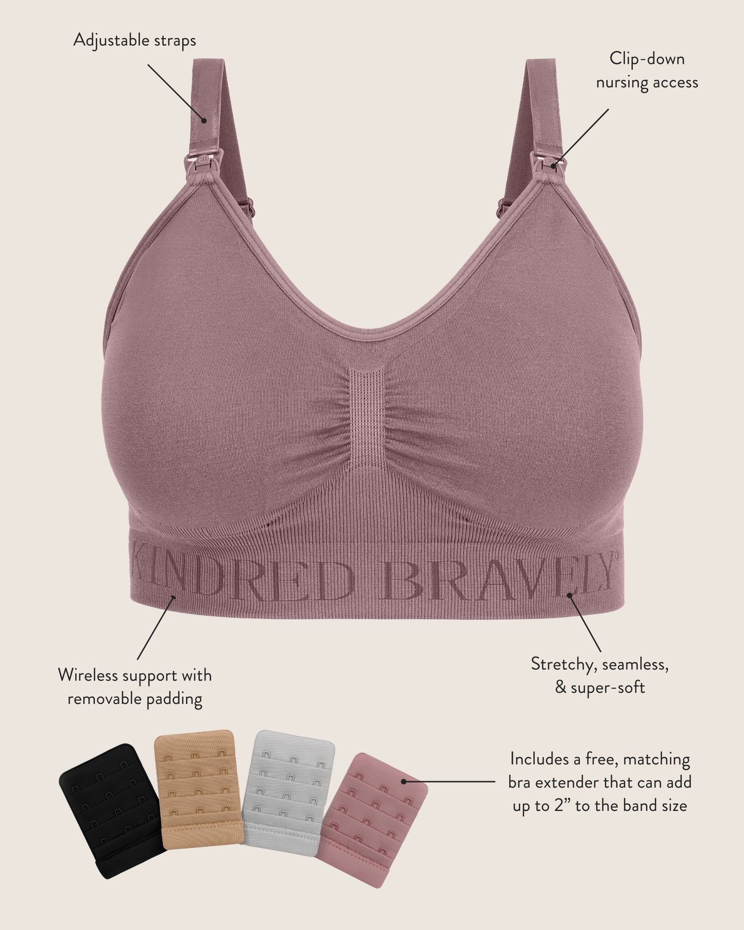 Infographic explaining the benefits of the Sublime Nursing Bra. It has adjustable straps, Clip-down nursing access, wireless support with removable padding and a stretchy, seamless and it is super-soft. 