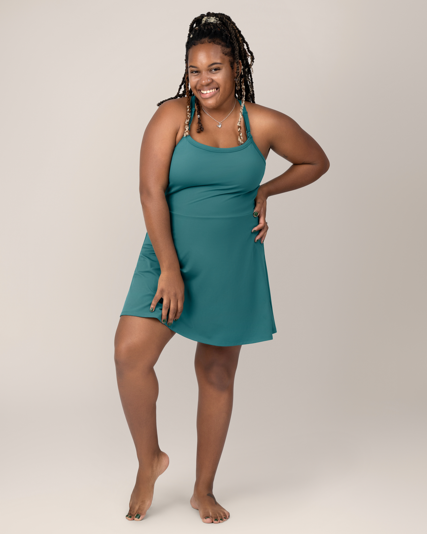 Front view of model wearing the Stevie Active Racerback Nursing Dress in Teal @model_info:Tonia is 5'7" and wearing a Large.