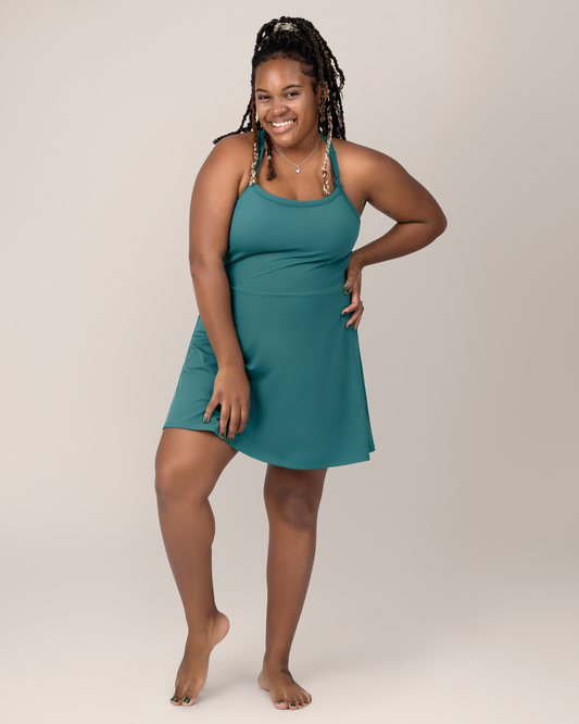 Front view of model wearing the Stevie Active Racerback Nursing Dress in Teal @model_info:Tonia is 5'7" and wearing a Large.