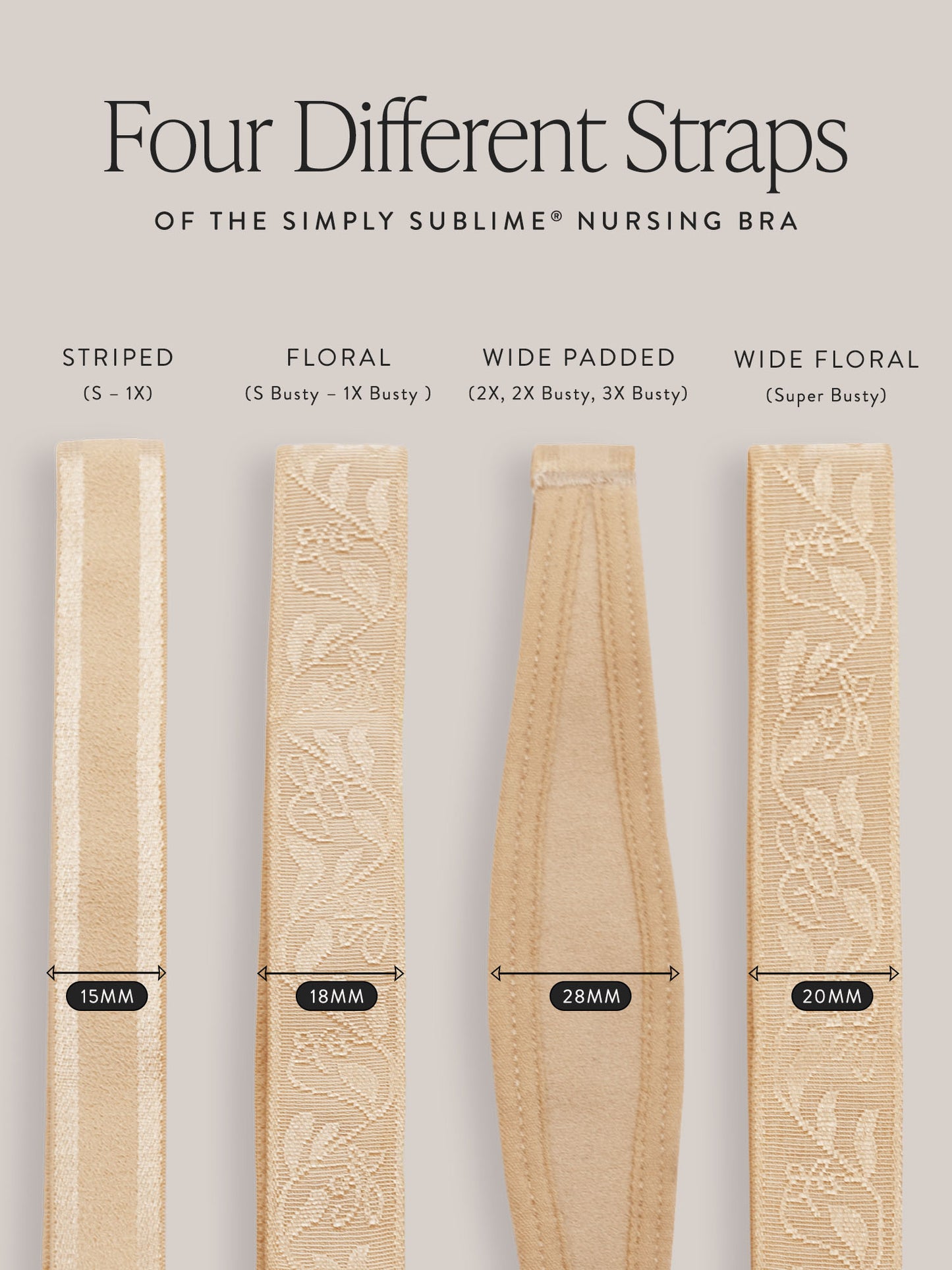 Image showing the four different strap types for the Simply Sublime Nursing Bra