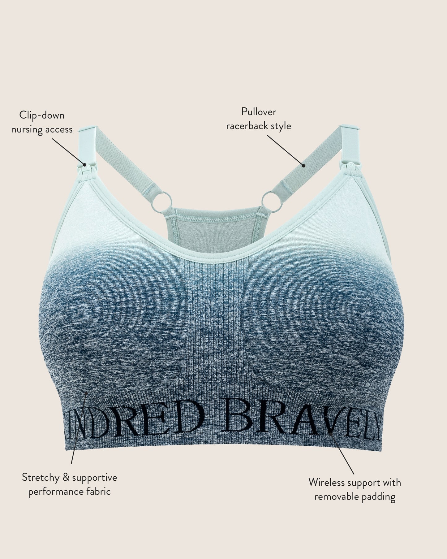 Product image of the Sublime® Nursing Sports Bra calling out features.