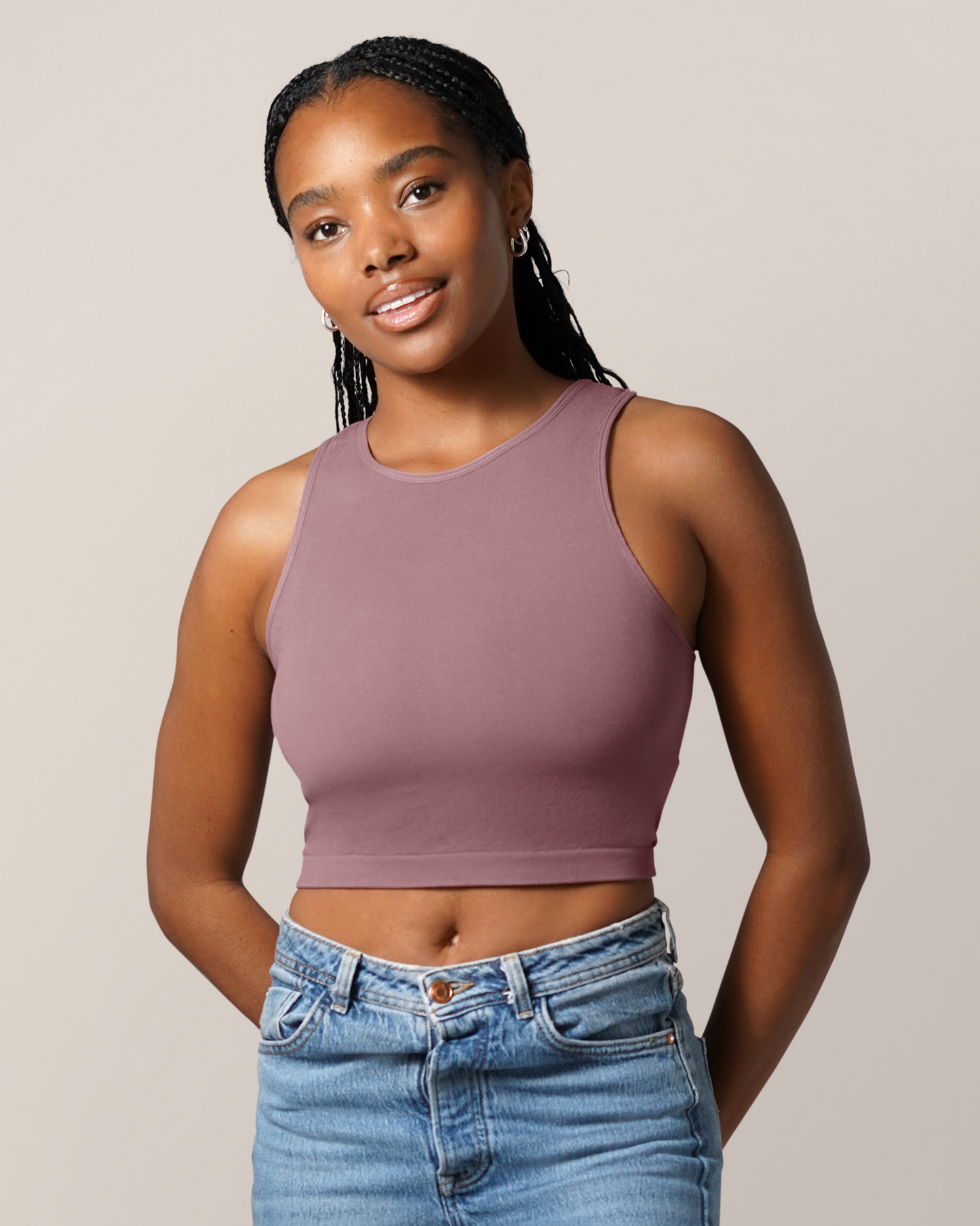 Front view of model wearing the Sublime® Bamboo Hands-Free Pumping Longline Bra Top in Twilight, paired with jeans