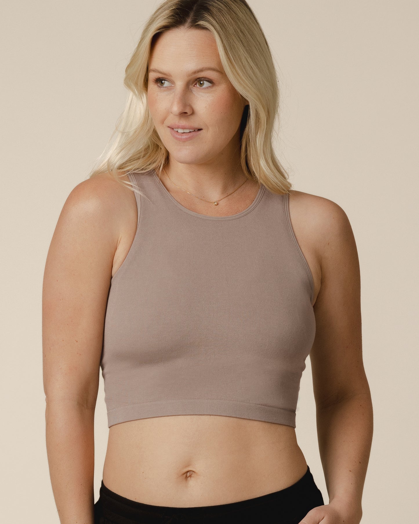 Front view of model wearing the Sublime® Bamboo Hands-Free Pumping Longline Bra Top in Taupe @model_info:Maddy is wearing a Small.