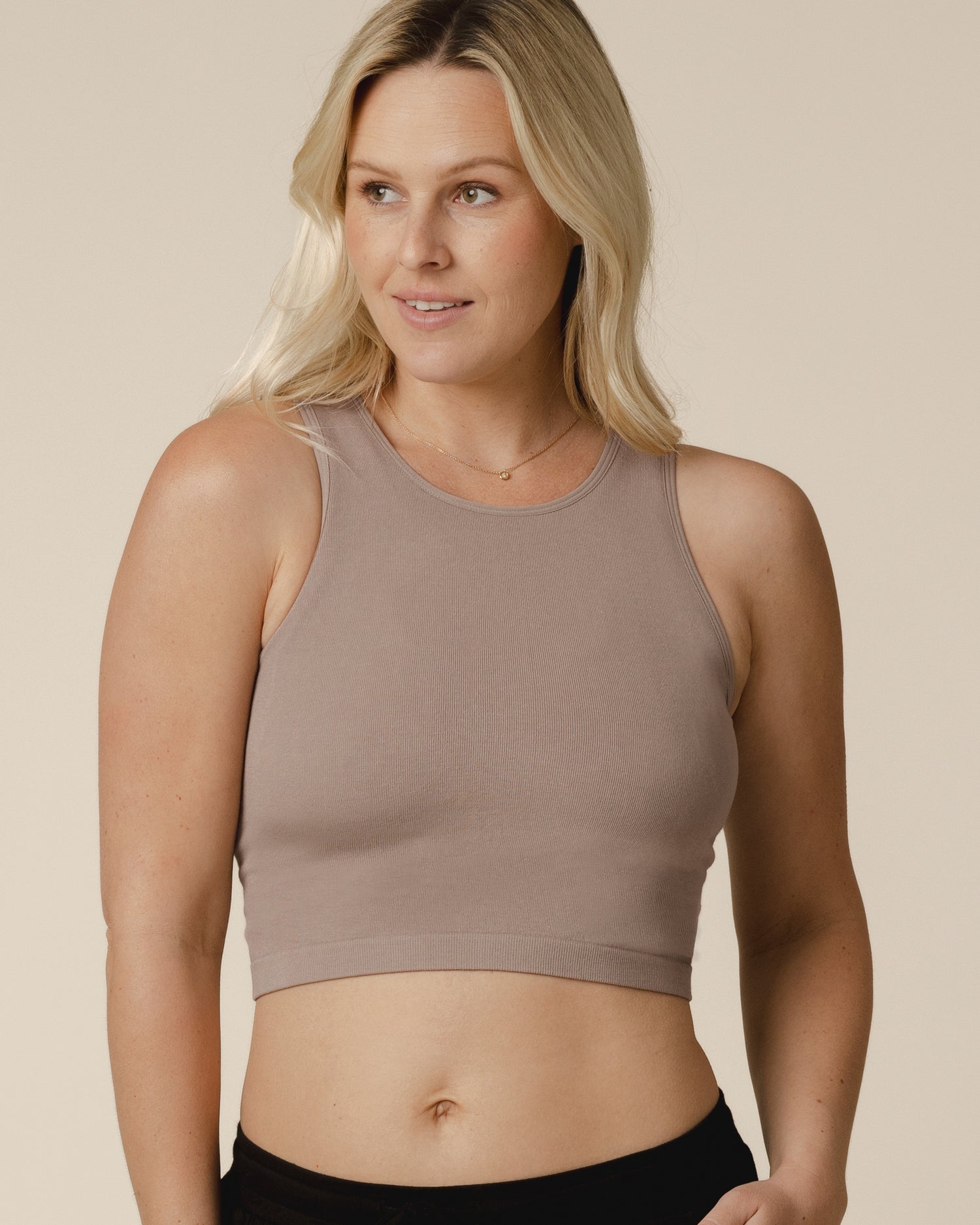 Front view of model wearing the Sublime® Bamboo Hands-Free Pumping Longline Bra Top in Taupe @model_info:Maddy is wearing a Small.