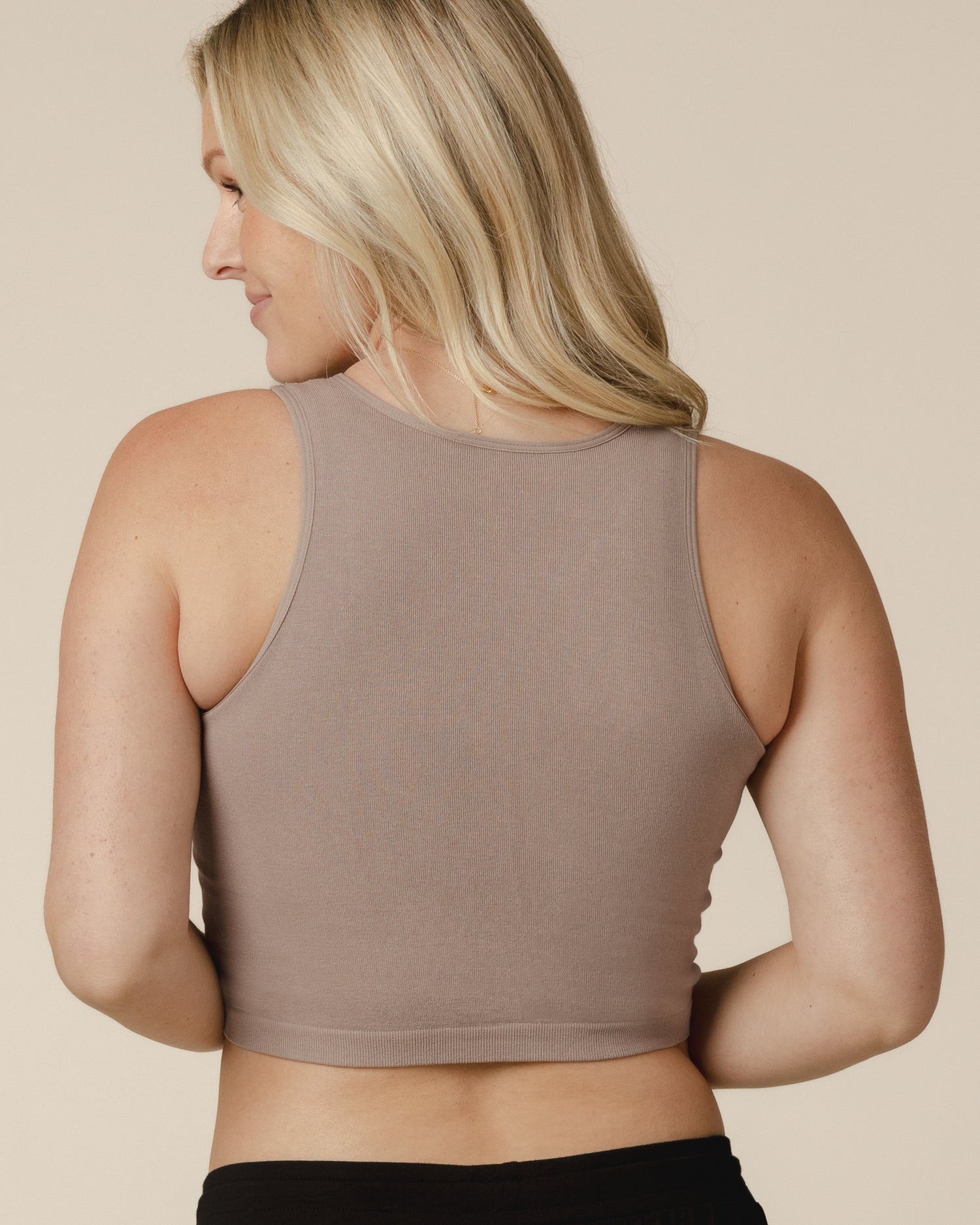 Back view of model wearing the Sublime® Bamboo Hands-Free Pumping Longline Bra Top in Taupe