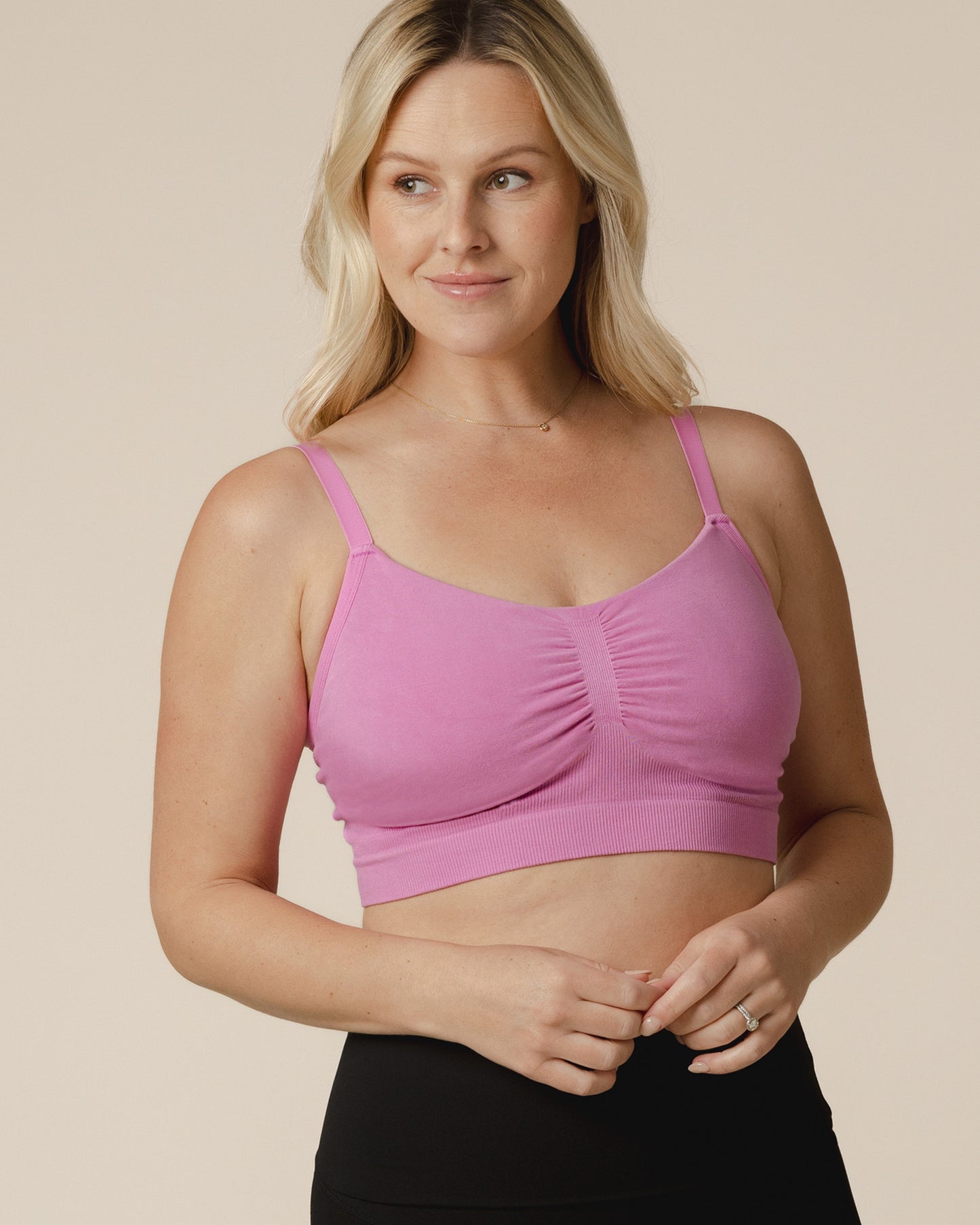 Front view of model wearing the Sublime® Bamboo Hands-Free Pumping Lounge & Sleep Bra in Soft Fuchsia