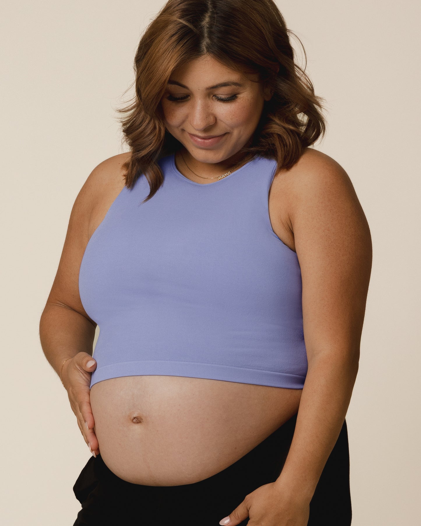 Front view of pregnant model wearing the Sublime® Bamboo Maternity & Nursing Longline Bra Top in  in Blue Wisteria @model_info:Stephani is wearing a Medium Busty.