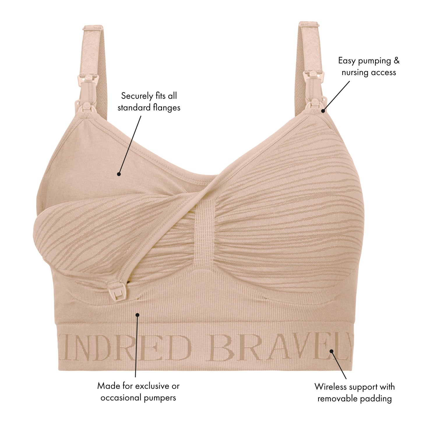 Diagram of a Sublime® Hands-Free Pumping & Nursing Bra - Super Busty in Beige showing the easy pumping & Nursing access and the wireless support. 