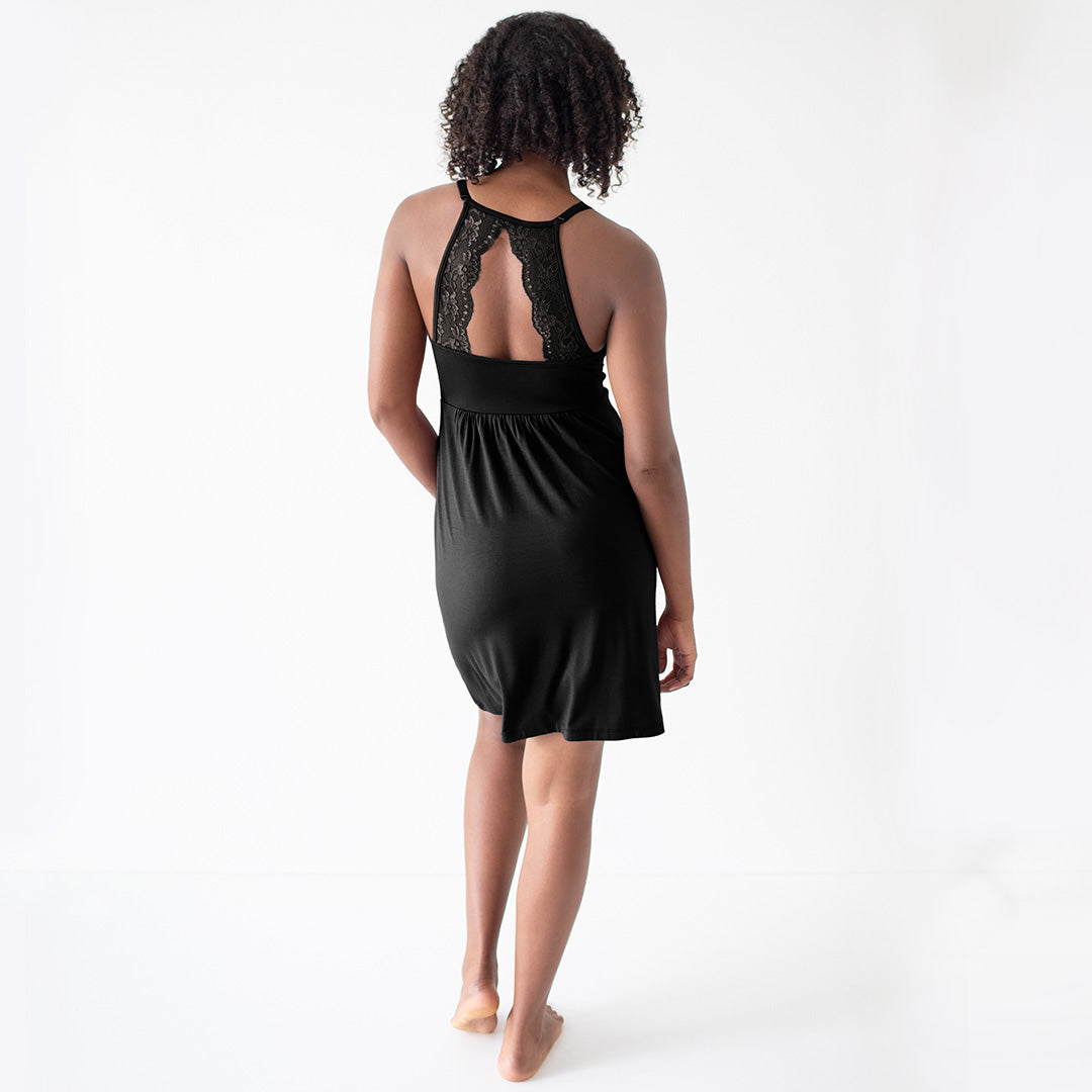 Back of a model wearing the Ella Lace Nightgown in Black