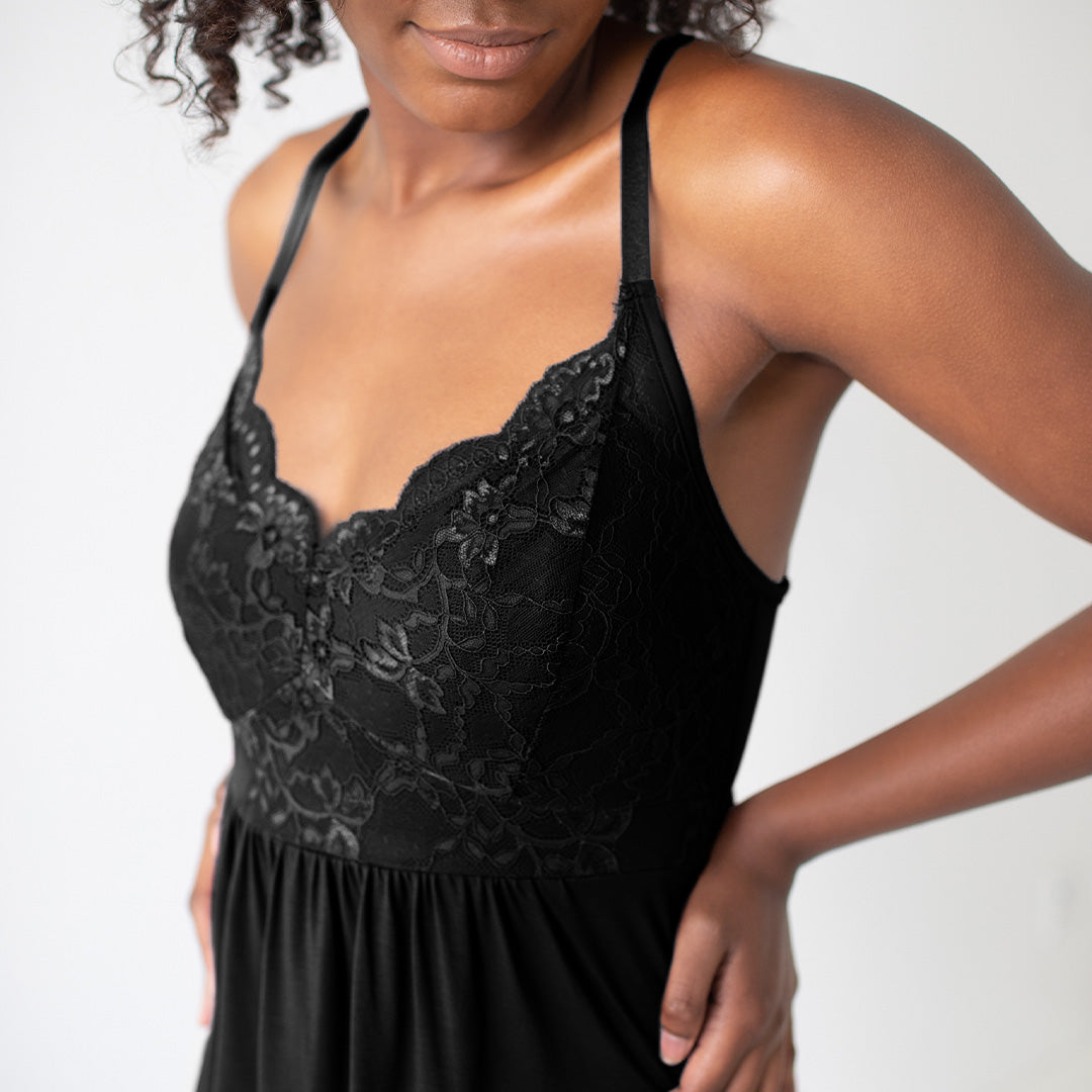 Closeup of the top half of the Ella Lace Nightgown in Black