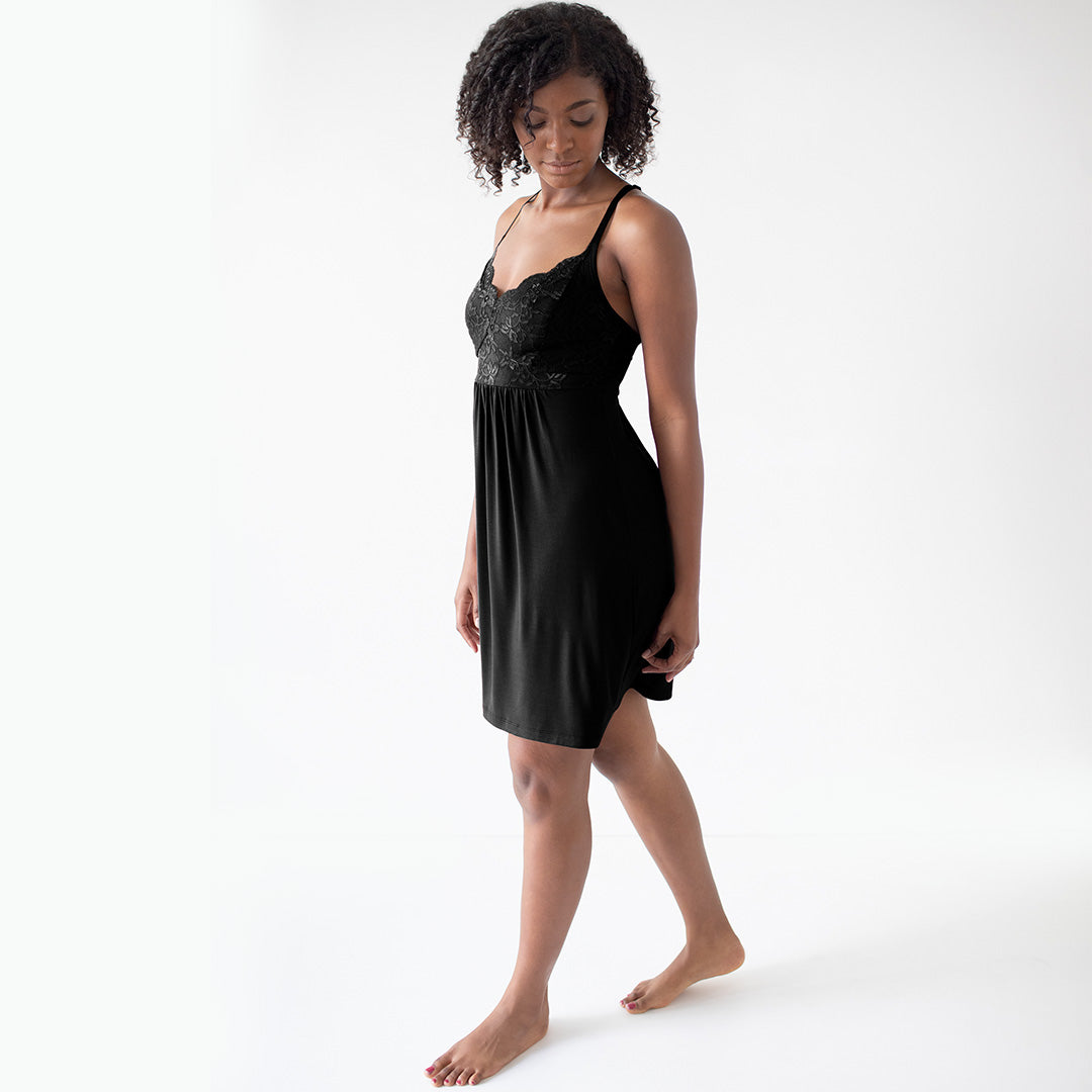 Model looking to the side wearing the Ella Lace Nightgown in Black