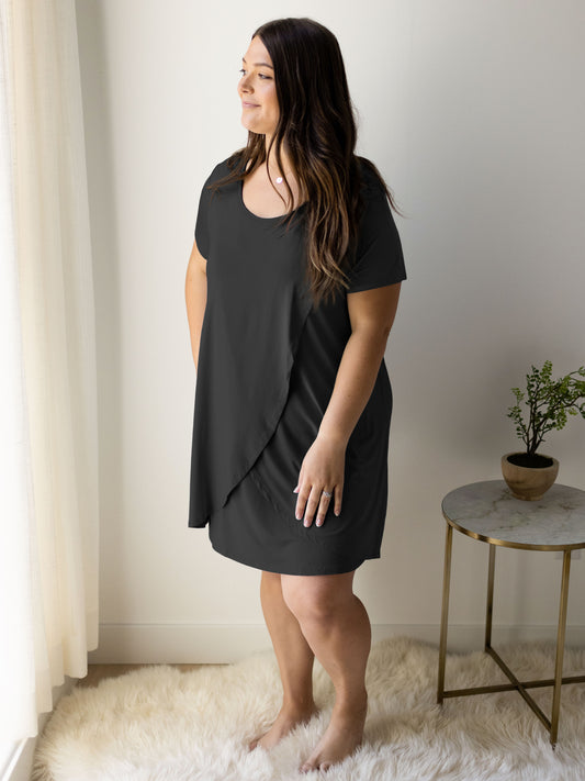 Tulip Hem Nursing & Maternity Nightgown | Black-Pajamas-Kindred Bravely. @model_info: Lexi is wearing a size X-Large.